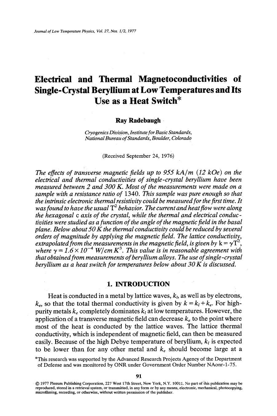 Electrical and thermal magnetoconductivities of single-crystal beryllium at low temperatures and its use as a heat switch by Unknown