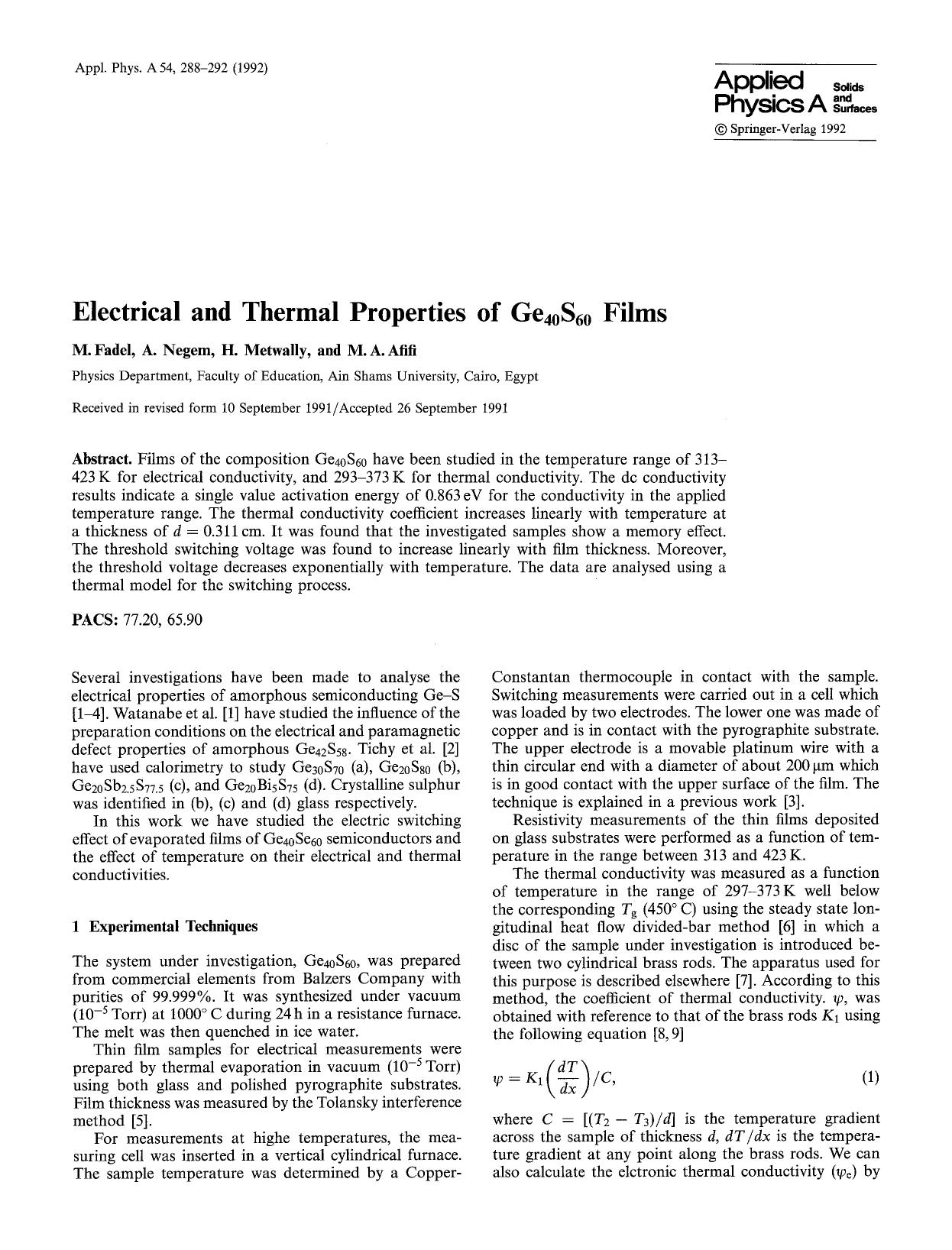 Electrical and thermal properties of Ge<Subscript>40<Subscript>S<Subscript>60<Subscript> films by Unknown