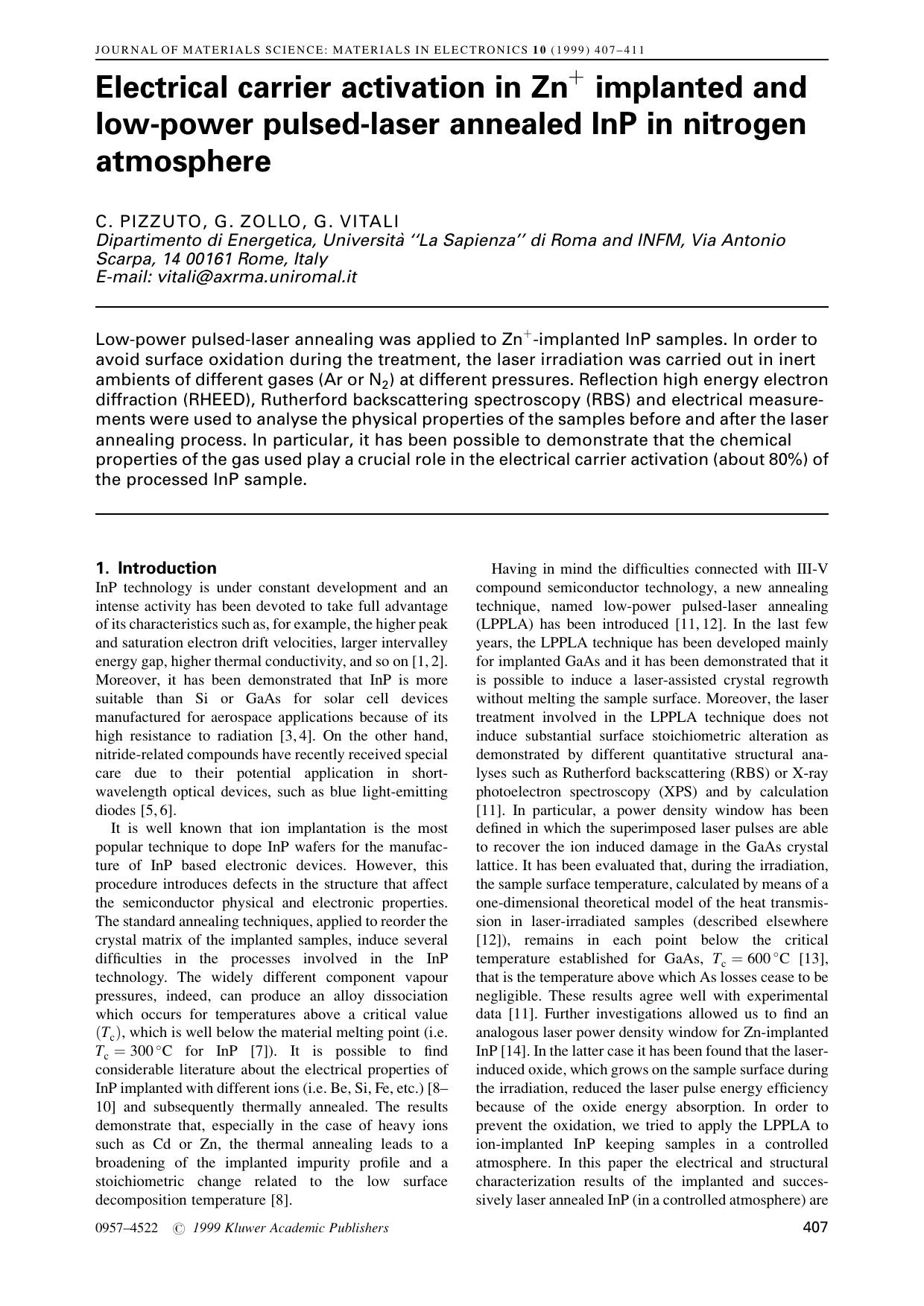 Electrical carrier activation in Zn<Superscript>+<Superscript> implanted and low-power pulsed-laser annealed InP in nitrogen atmosphere by Unknown