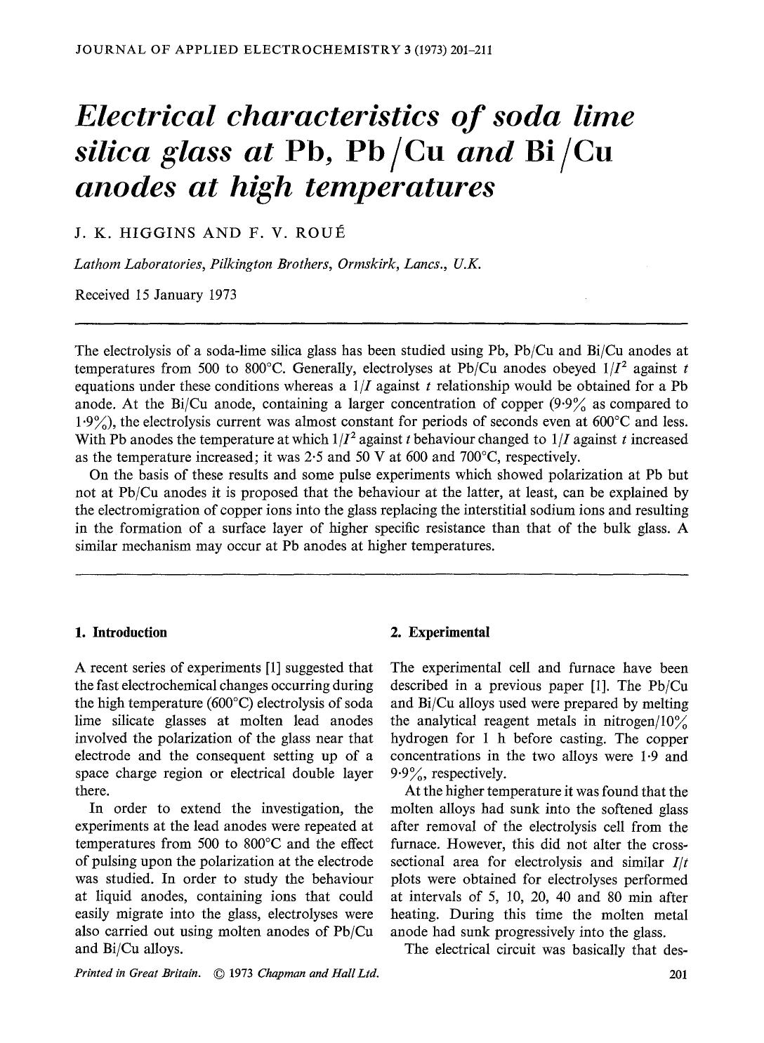 Electrical characteristics of soda lime silica glass at Pb, PbCu and BiCu anodes at high temperatures by Unknown