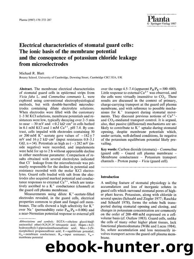 Electrical characteristics of stomatal guard cells: The ionic basis of the membrane potential and the consequence of potassium chlorides leakage from microelectrodes by Unknown