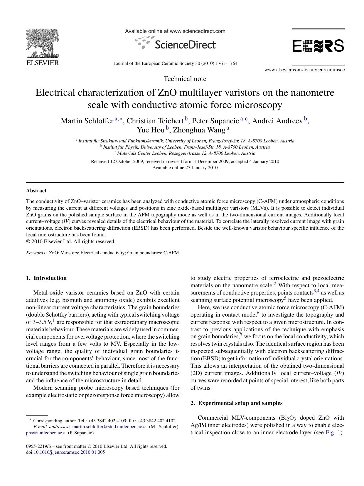 Electrical characterization of ZnO multilayer varistors on the nanometre scale with conductive atomic force microscopy by Martin Schloffer; Christian Teichert; Peter Supancic; Andrei Andreev; Yue Hou; Zhonghua Wang