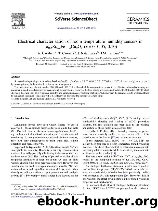 Electrical characterization of room temperature humidity sensors in La0.8Sr0.2Fe1âxCuxO3 (x=0, 0.05, 0.10) by A. Cavalieri