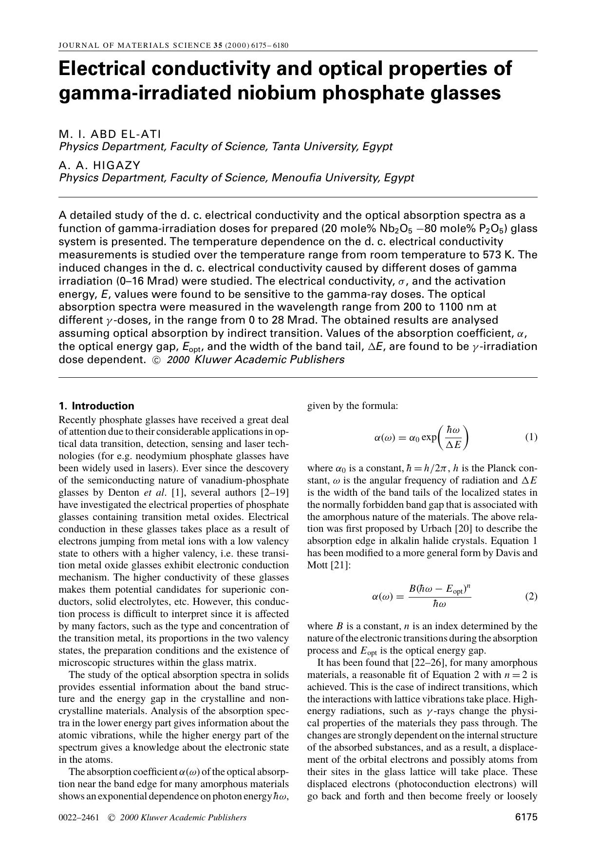 Electrical conductivity and optical properties of gamma-irradiated niobium phosphate glasses by Unknown