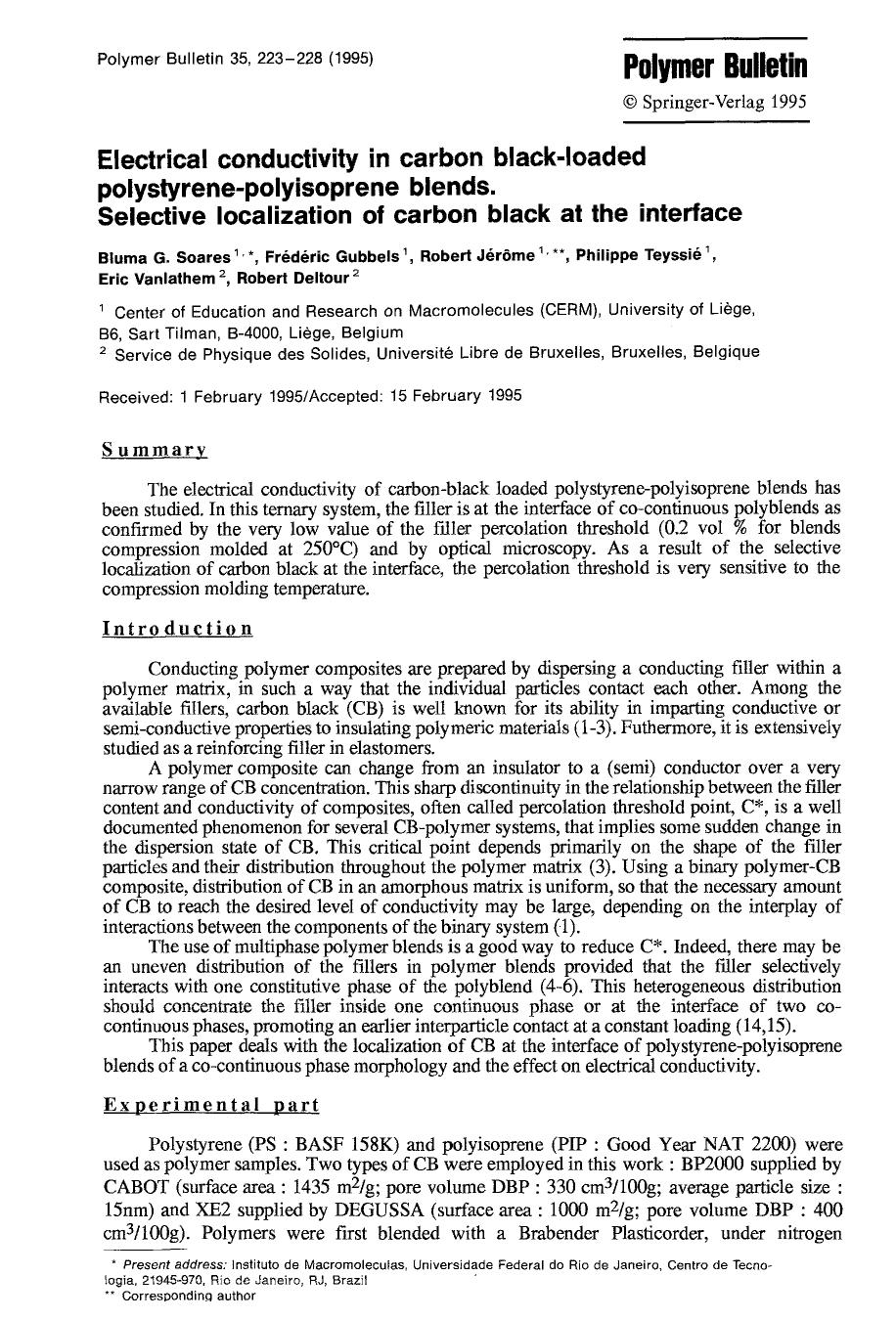 Electrical conductivity in carbon black-loaded polystyrene-polyisoprene blends. Selective localization of carbon black at the interface by Unknown