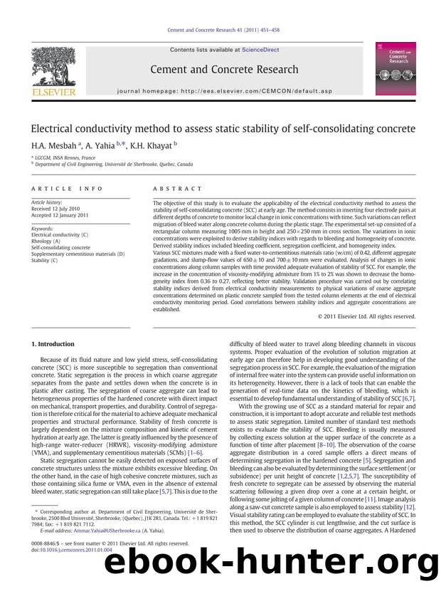 Electrical conductivity method to assess static stability of self-consolidating concrete by H.A. Mesbah & A. Yahia & K.H. Khayat