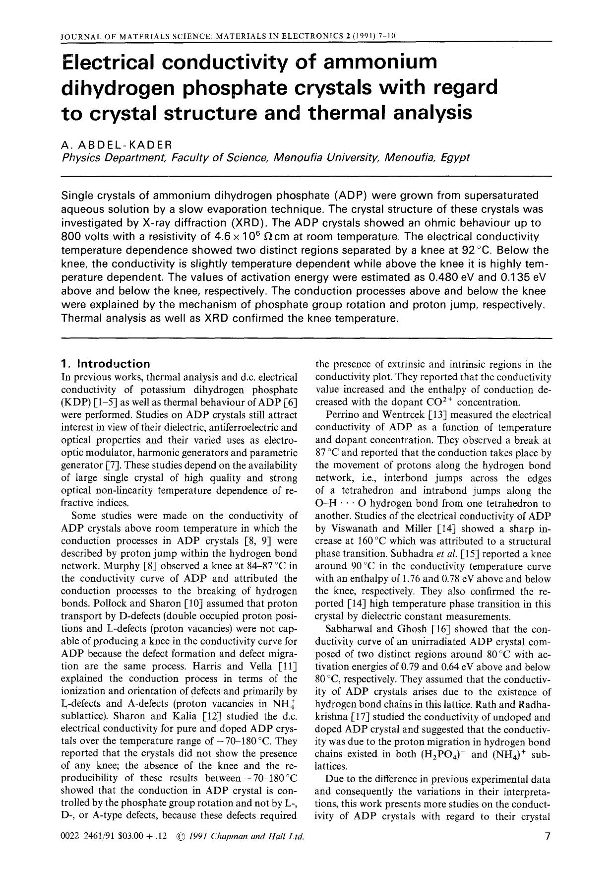 Electrical conductivity of ammonium dihydrogen phosphate crystals with regard to crystal structure and thermal analysis by Unknown