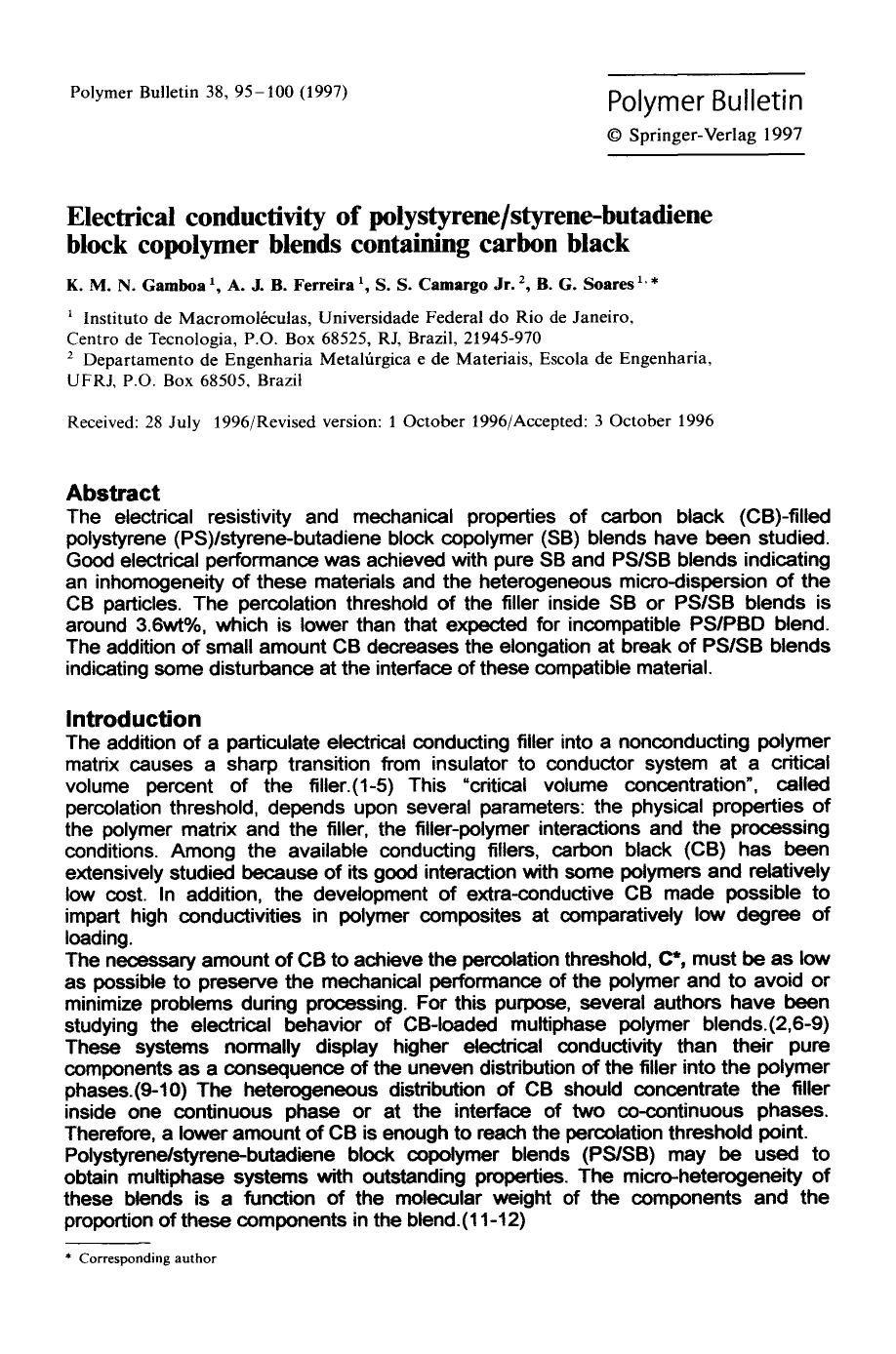 Electrical conductivity of polystyrenestyrene-butadiene block copolymer blends containing carbon black by Unknown