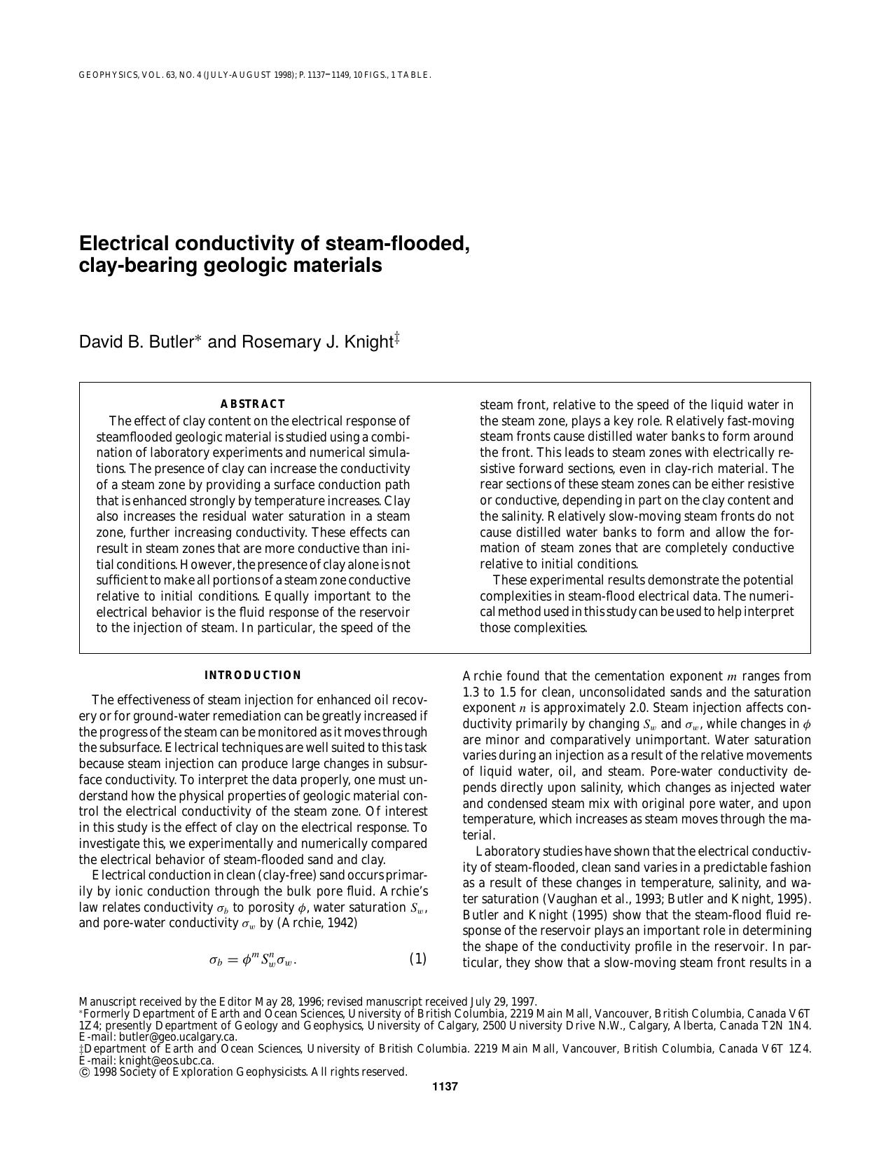 Electrical conductivity of steam-flooded, clay-bearing geologic materials by D. B. Butler R. J. Knight
