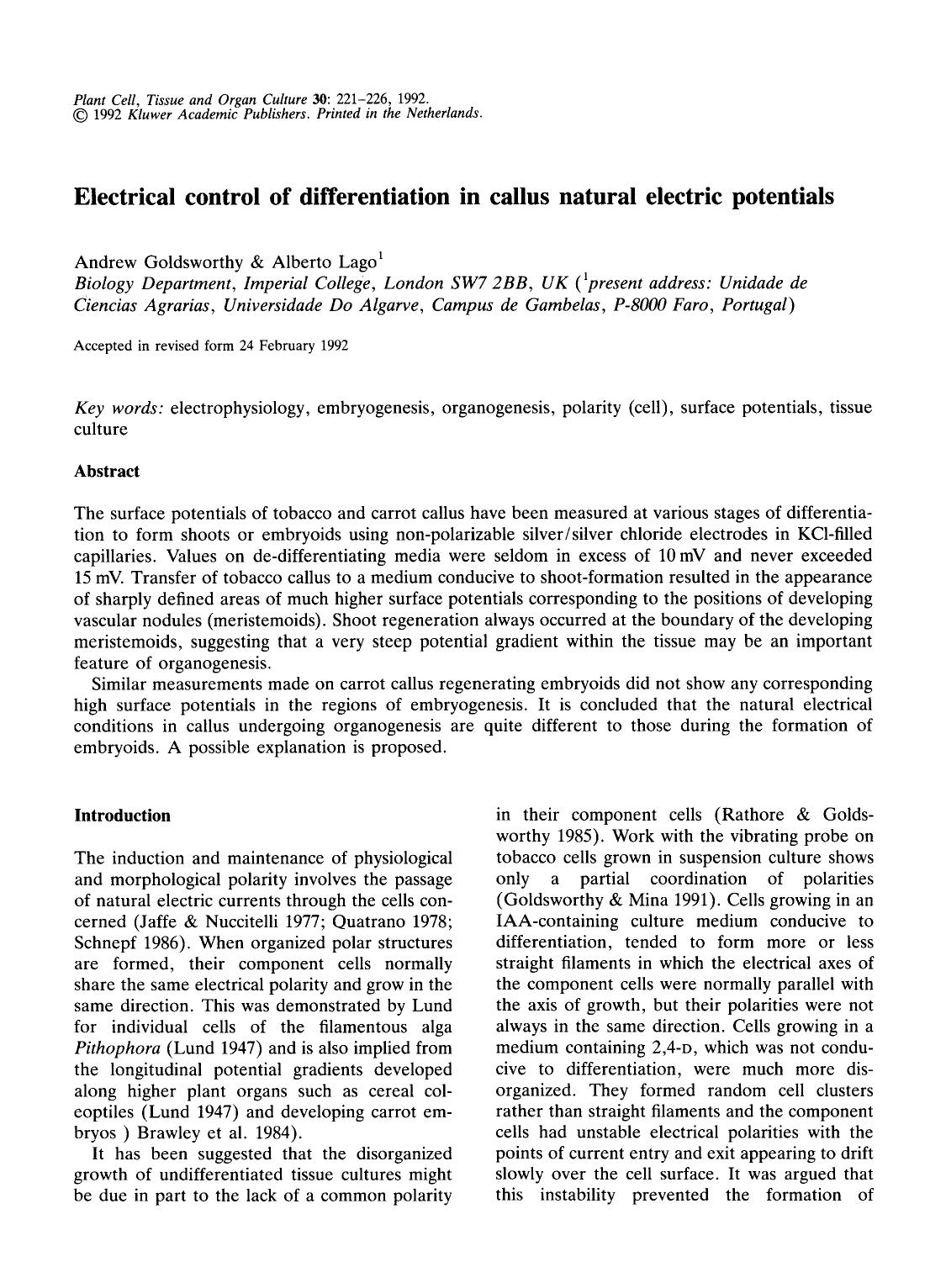 Electrical control of differentiation in callus natural electric potentials by Unknown