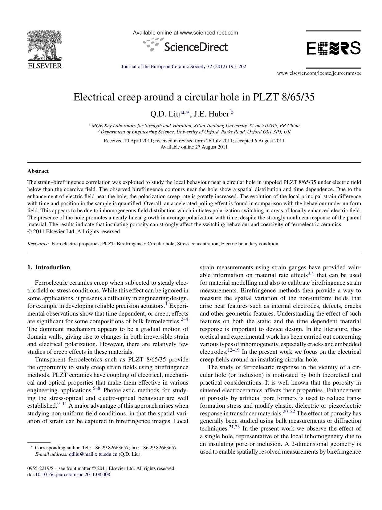 Electrical creep around a circular hole in PLZT 86535 by Q.D. Liu