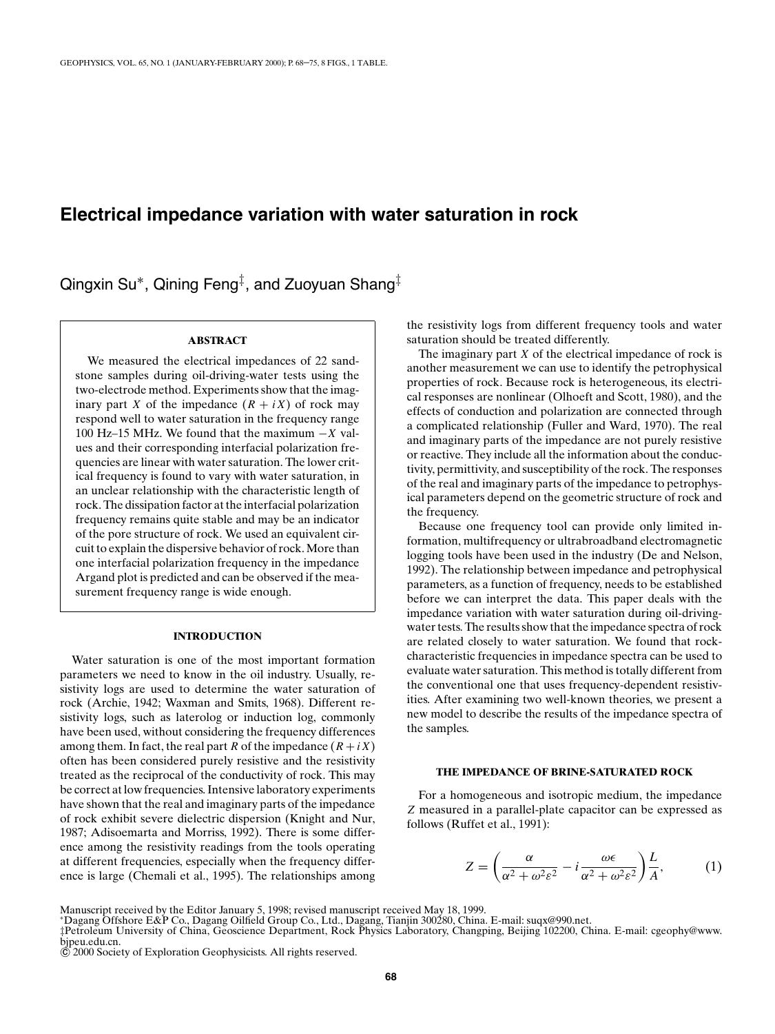Electrical impedance variation with water saturation in rock by Q. Su Q. Feng Z. Shang