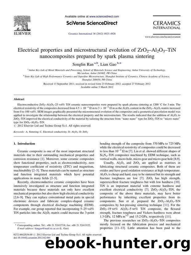 Electrical properties and microstructural evolution of ZrO2âAl2O3âTiN nanocomposites prepared by spark plasma sintering by Songlin Ran