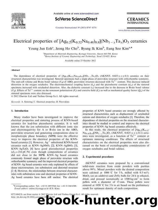 Electrical properties of [Ag0.2(K0.52Na0.48)0.8](Nb1âxTax)O3 ceramics by Young Jun Eoh & Jeong Ho Cho & Byung Ik Kim & Eung Soo Kim