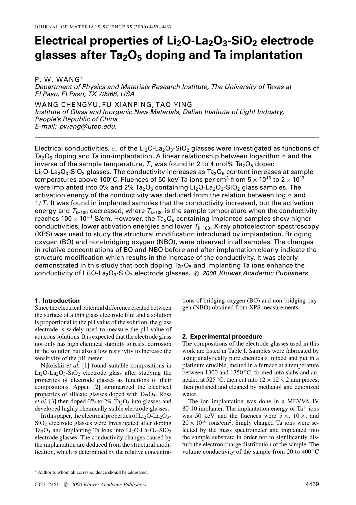 Electrical properties of Li2O-La2O3-SiO2 electrode glasses after Ta2O5 doping and Ta implantation by Unknown
