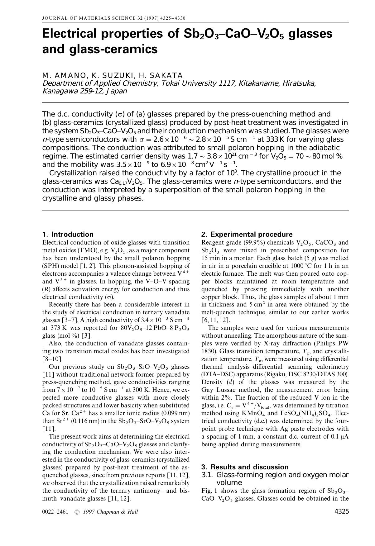 Electrical properties of Sb2O3–CaO–V2O5 glasses and glass-ceramics by Unknown