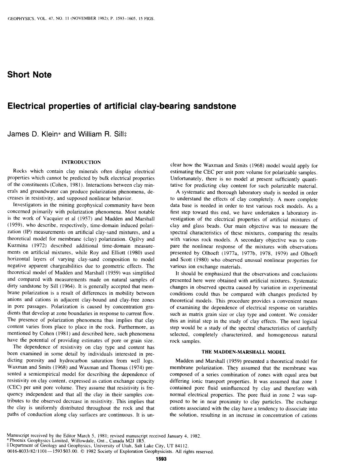 Electrical properties of artificial clay-bearing sandstone: SHORT NOTE by Klein J. D.; Sill W. R