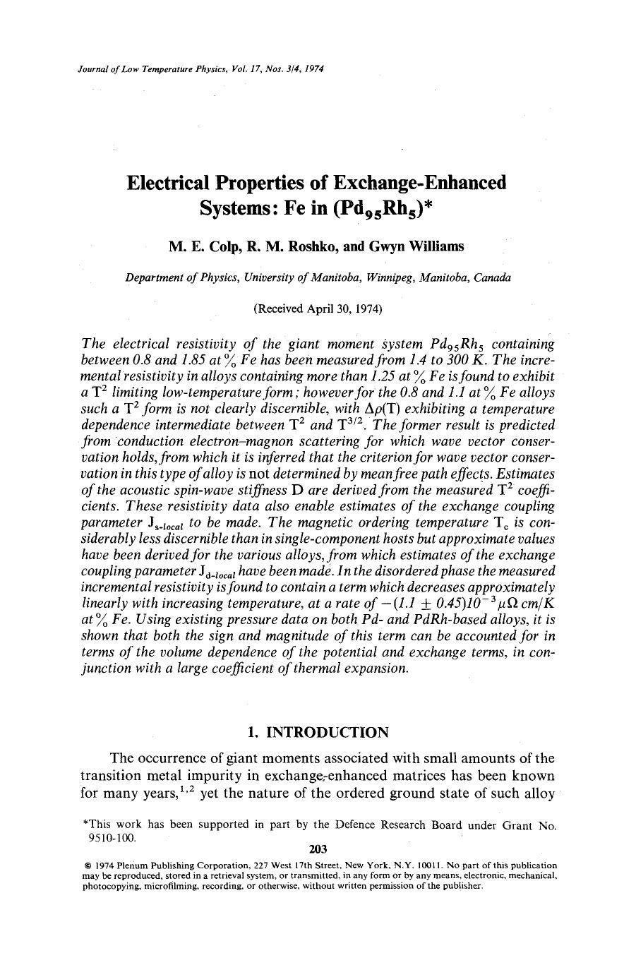 Electrical properties of exchange-enhanced systems: Fe in (Pd <Subscript>95 <Subscript>Rh <Subscript>5 <Subscript>) by Unknown