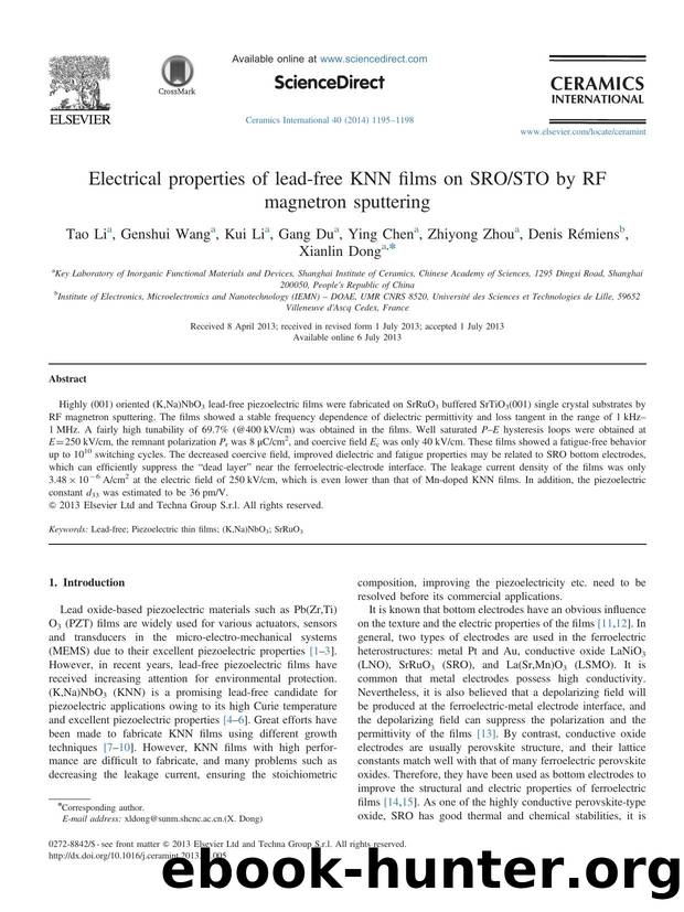 Electrical properties of lead-free KNN films on SROSTO by RF magnetron sputtering by Tao Li & Genshui Wang & Kui Li & Gang Du & Ying Chen & Zhiyong Zhou & Denis Rémiens & Xianlin Dong
