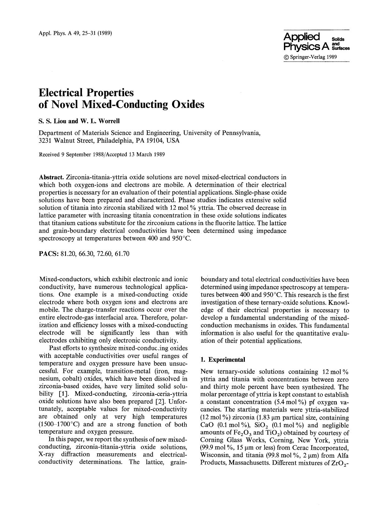 Electrical properties of novel mixed-conducting oxides by Unknown