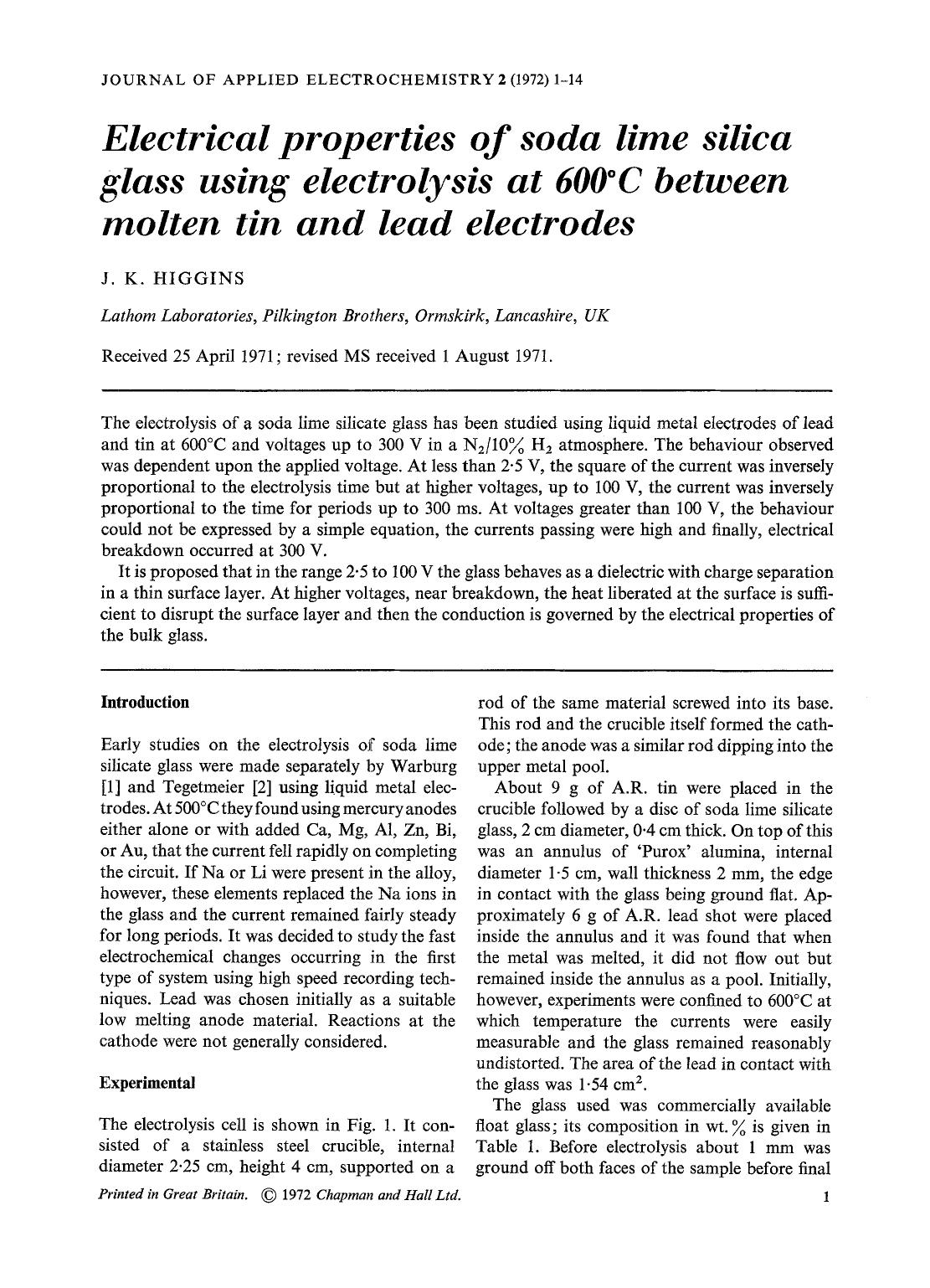 Electrical properties of soda lime silica glass using electrolysis at 600°C between molten tin and lead electrodes by Unknown