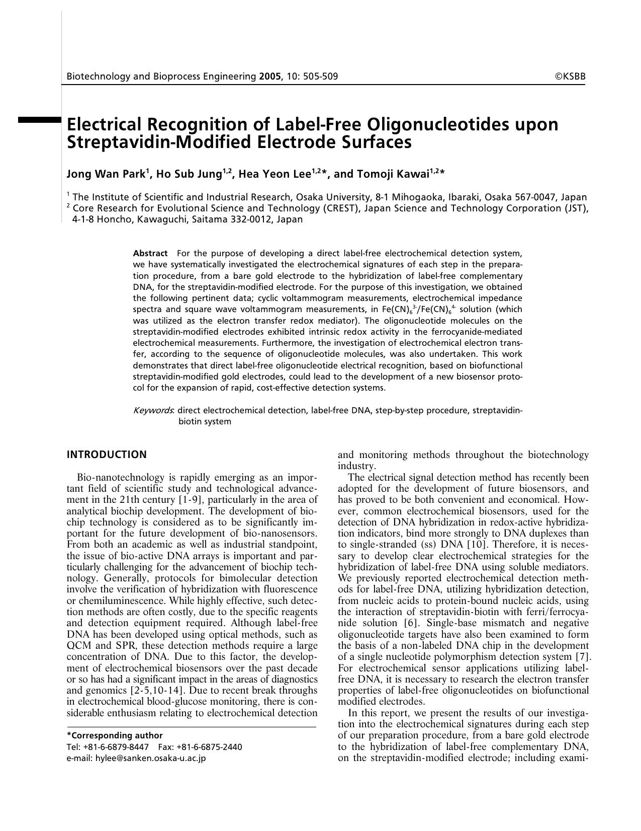 Electrical recognition of label-free oligonucleotides upon streptavidin-modified electrode surfaces by Unknown