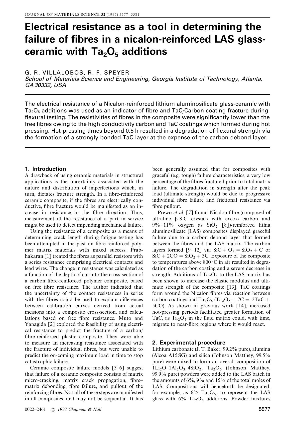 Electrical resistance as a tool in determining the failure of fibres in a nicalon-reinforced LAS glass-ceramic with Ta2O5 additions by Unknown