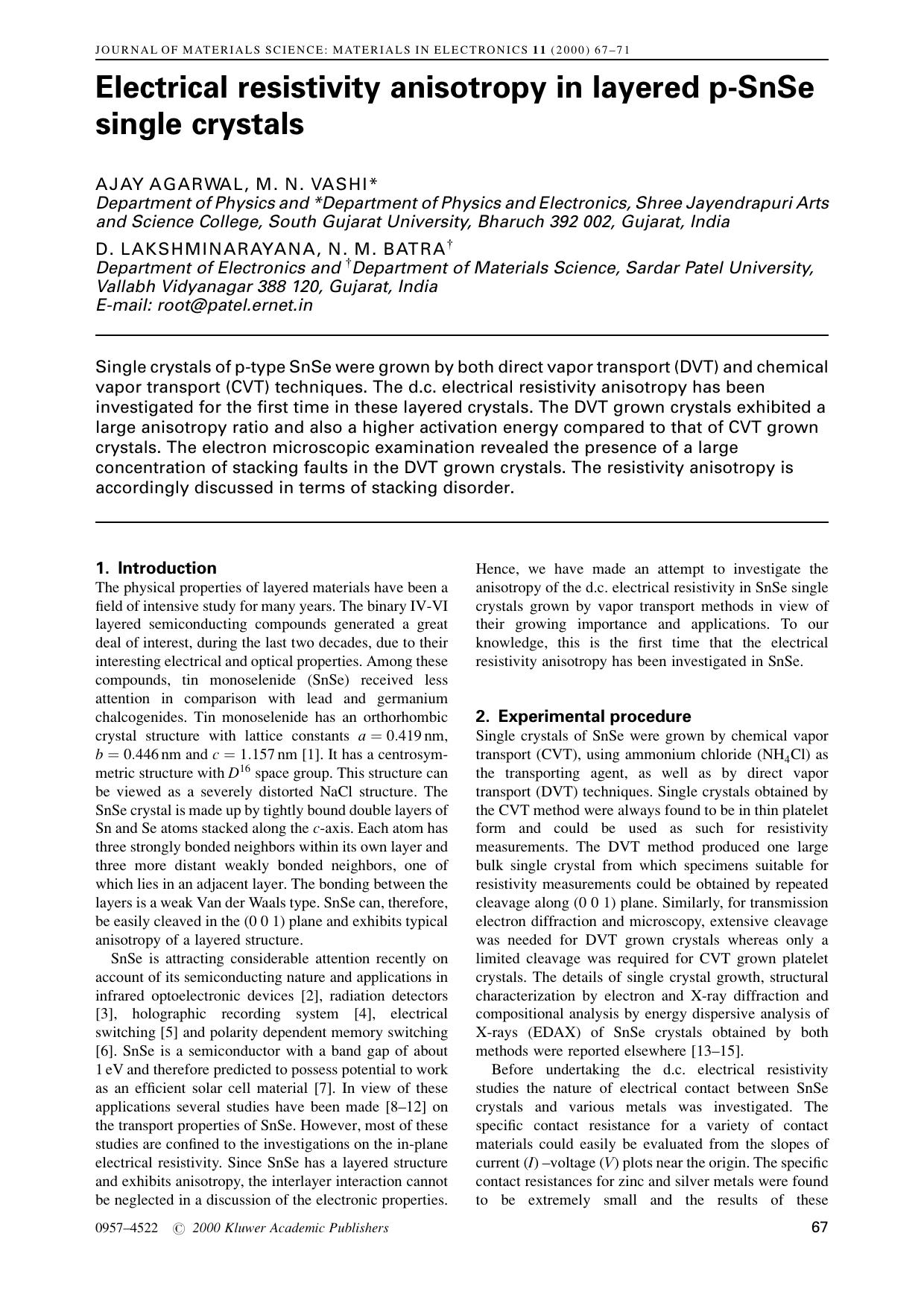 Electrical resistivity anisotropy in layered p-SnSe single crystals by Unknown