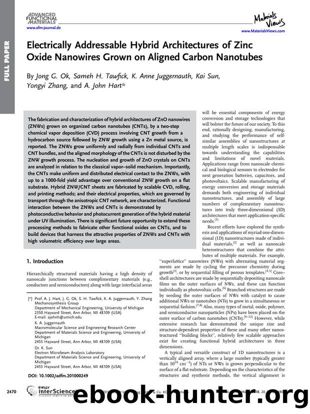 Electrically Addressable Hybrid Architectures of Zinc Oxide Nanowires Grown on Aligned Carbon Nanotubes by Unknown