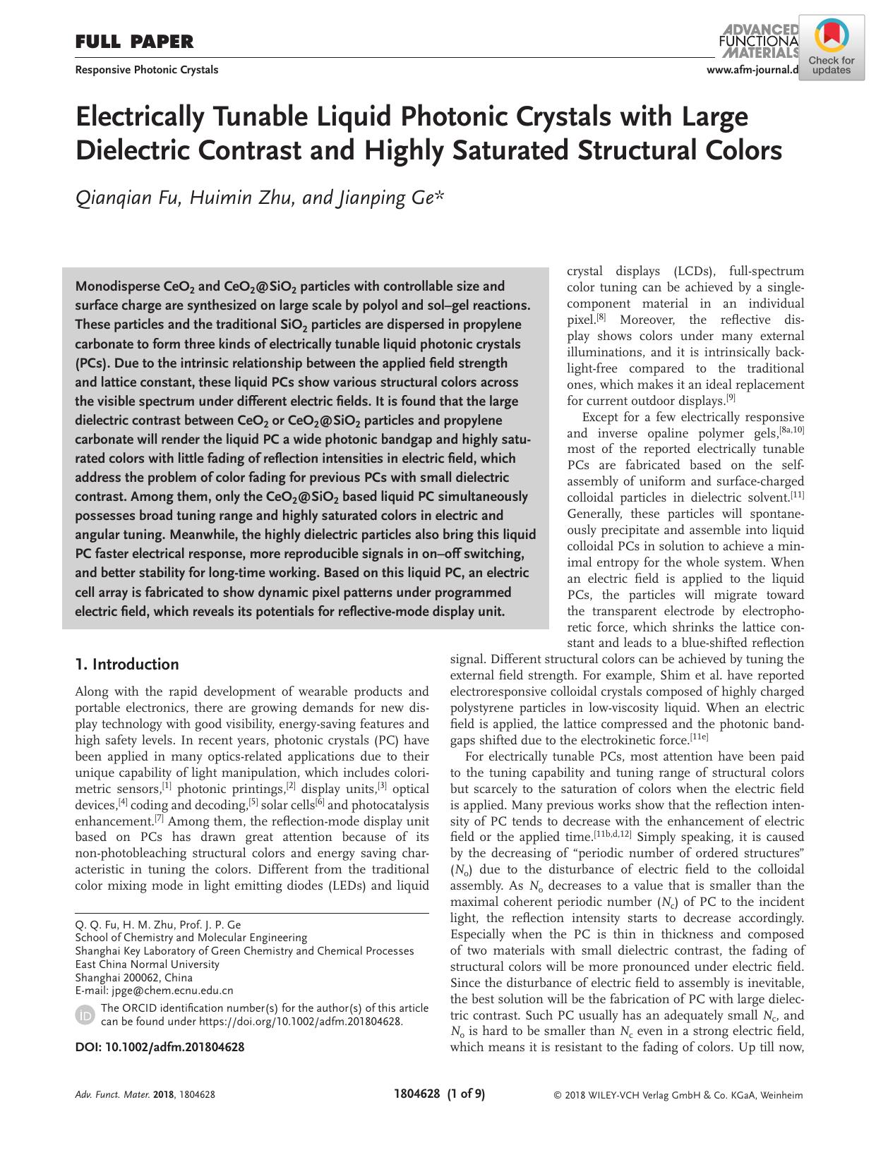 Electrically Tunable Liquid Photonic Crystals with Large Dielectric Contrast and Highly Saturated Structural Colors by Unknown