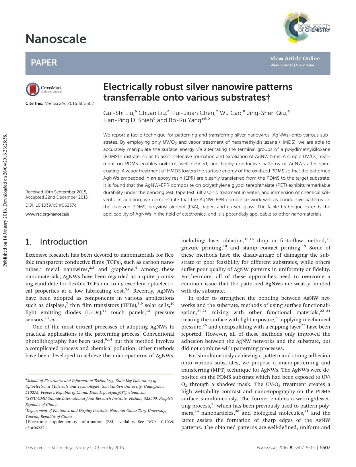 Electrically robust silver nanowire patterns transferrable onto various substrates by Gui-Shi Liu Chuan Liu Hui-Jiuan Chen Wu Cao Jing-Shen Qiu Han-Ping D. Shieh Bo-Ru Yang