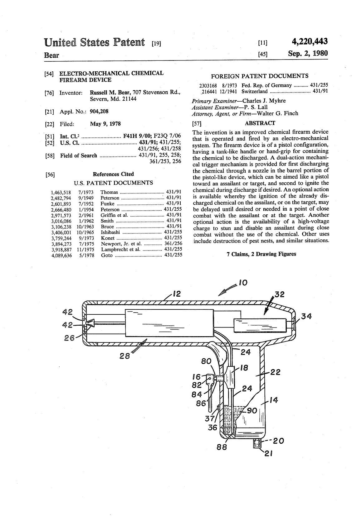 Electro-Mechanical Chemical Firearm Device (Flamethrower Pistol) by US Patent 4220443
