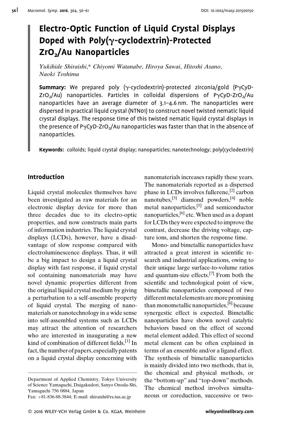 Electro-Optic Function of Liquid Crystal Displays Doped with Poly(γ-cyclodextrin)-Protected ZrO2Au Nanoparticles by Unknown