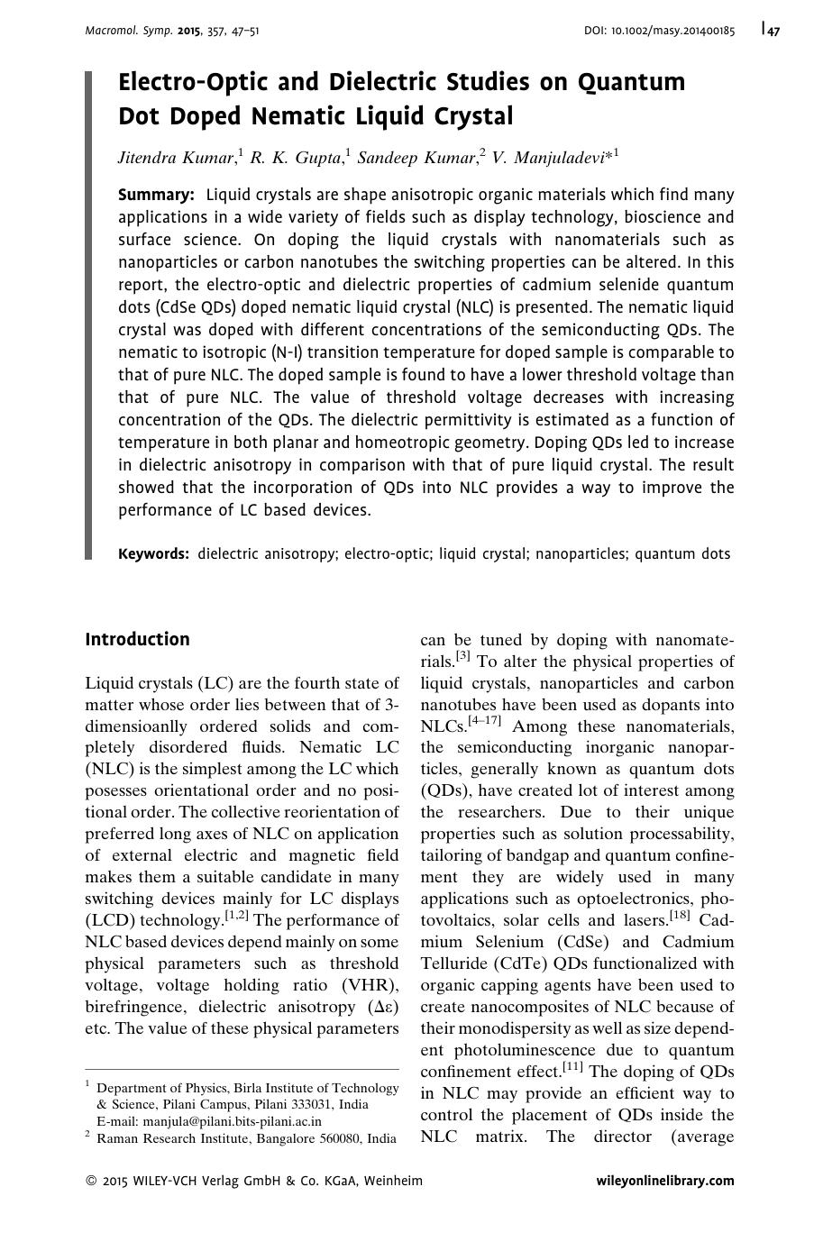 Electro-Optic and Dielectric Studies on Quantum Dot Doped Nematic Liquid Crystal by Unknown