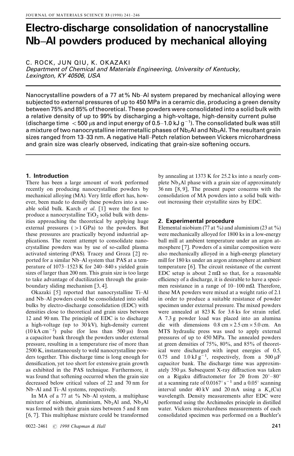 Electro-discharge consolidation of nanocrystalline Nb—Al powders produced by mechanical alloying by Unknown
