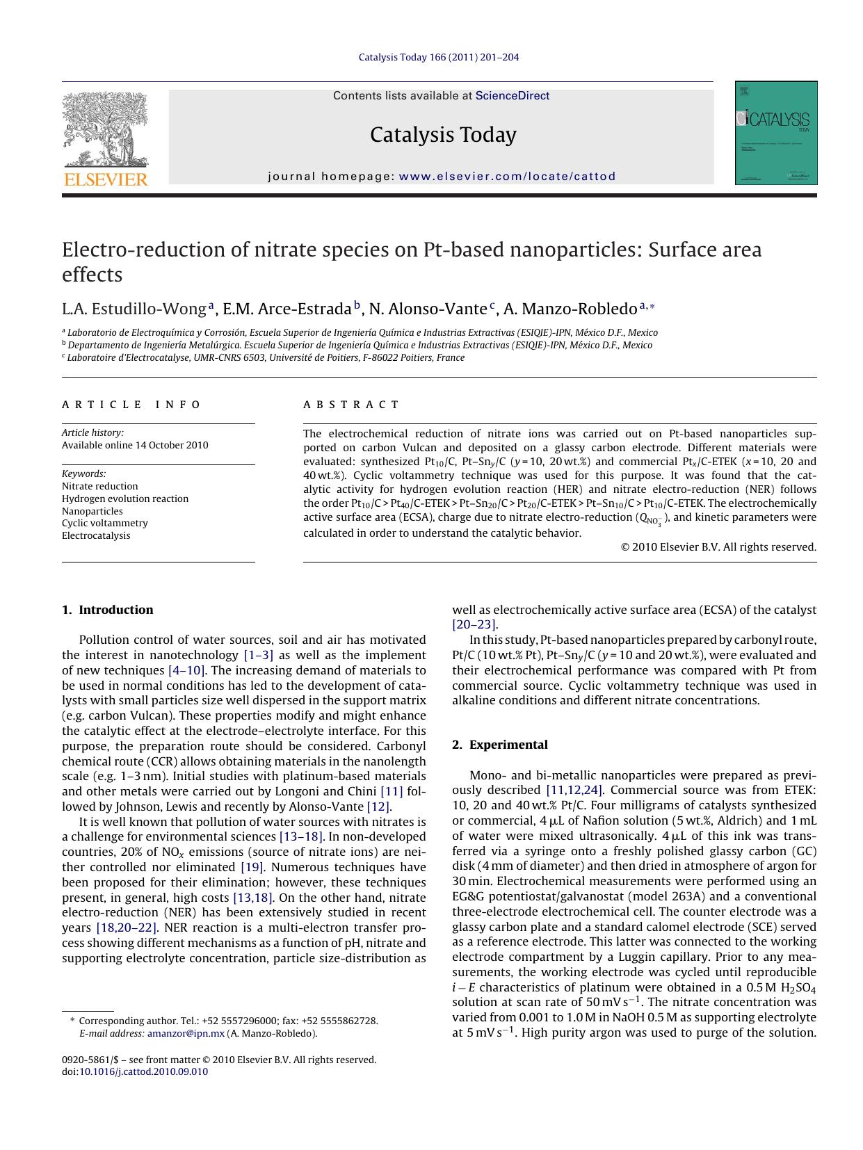 Electro-reduction of nitrate species on Pt-based nanoparticles: Surface area effects by L.A. Estudillo-Wong
