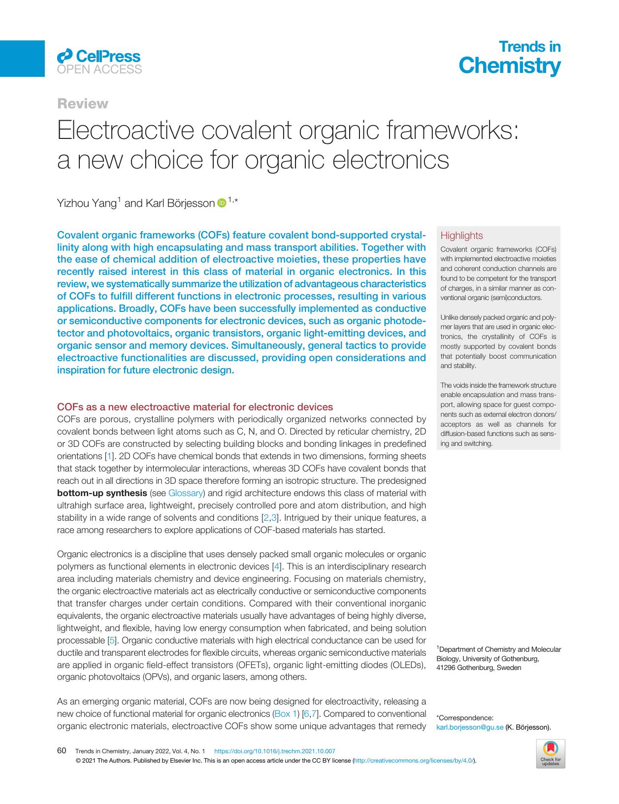 Electroactive covalent organic frameworks: a new choice for organic electronics by Yizhou Yang & Karl Börjesson