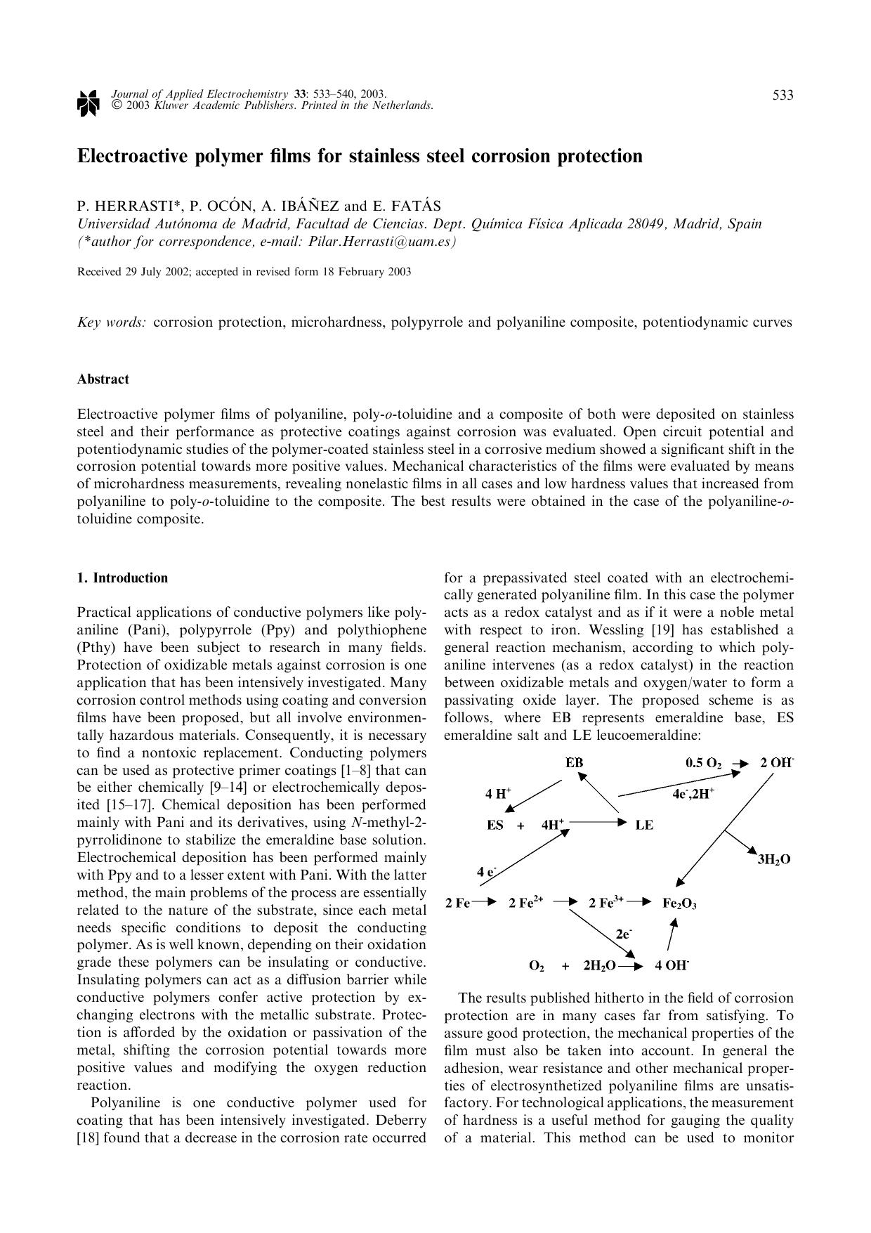 Electroactive polymer films for stainless steel corrosion protection by Unknown