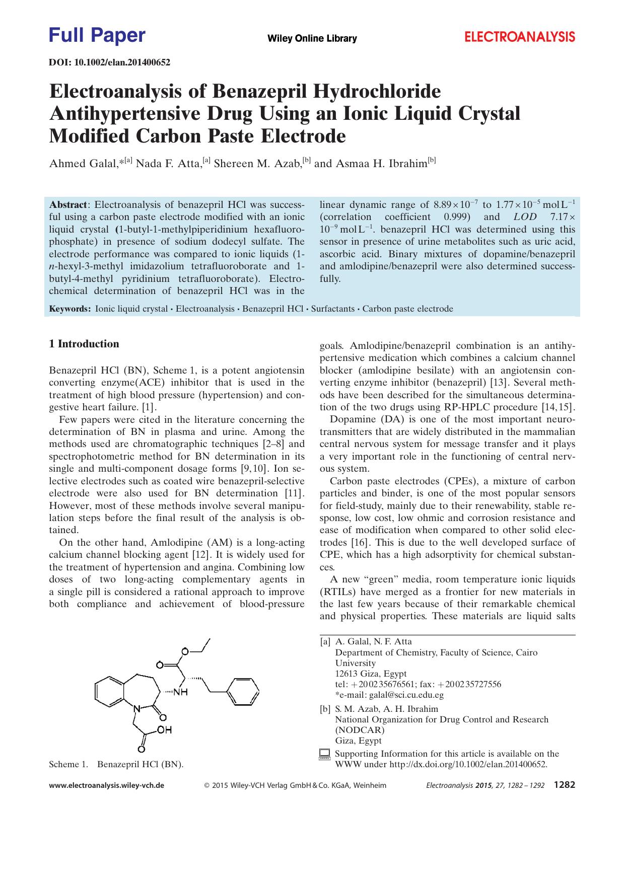 Electroanalysis of Benazepril Hydrochloride Antihypertensive Drug Using an Ionic Liquid Crystal Modified Carbon Paste Electrode by Unknown