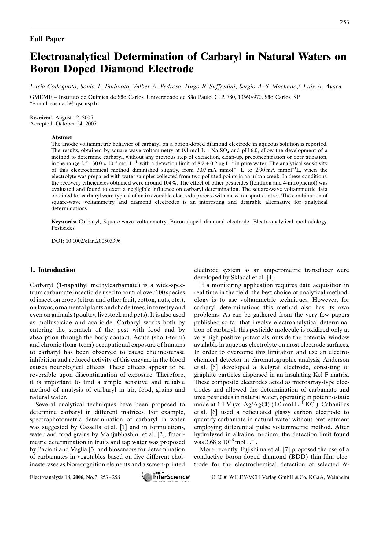 Electroanalytical Determination of Carbaryl in Natural Waters on Boron Doped Diamond Electrode by Unknown