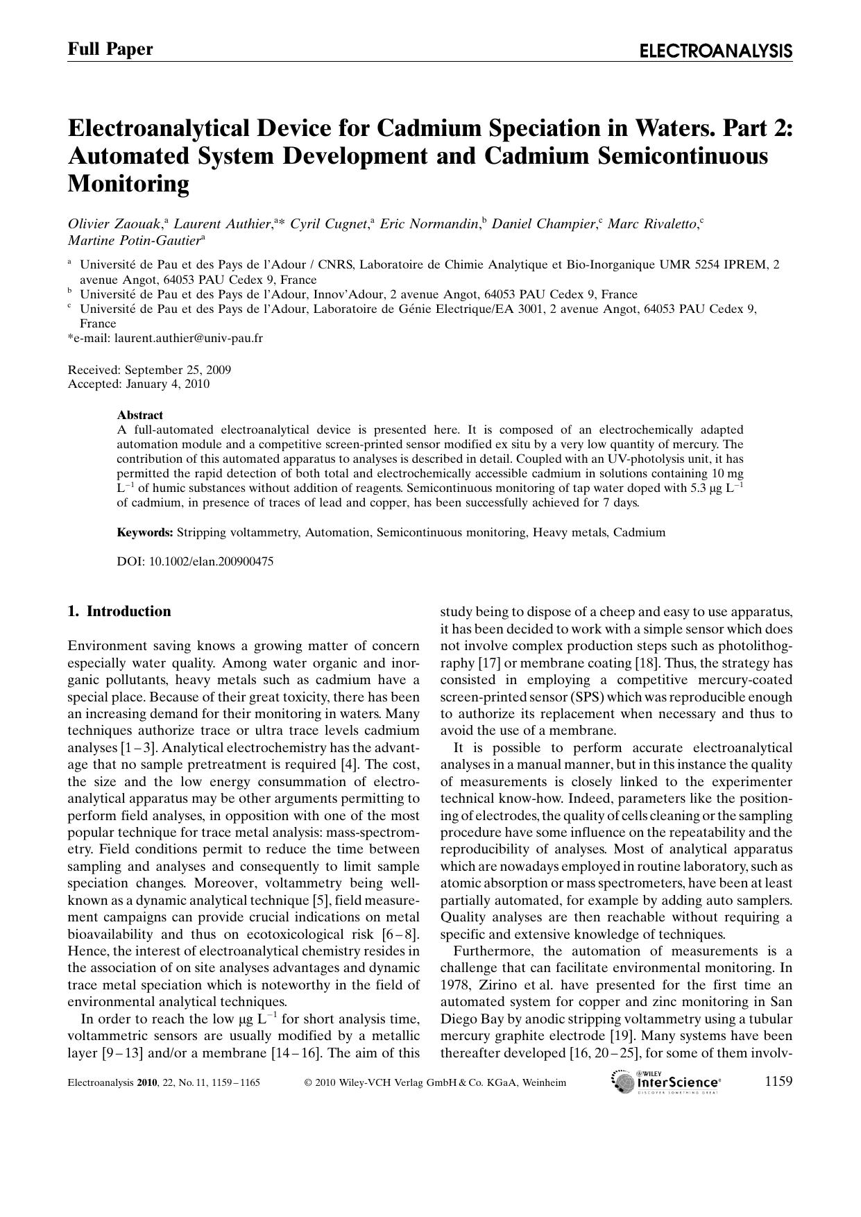 Electroanalytical Device for Cadmium Speciation in Waters. Part 2: Automated System Development and Cadmium Semicontinuous Monitoring by Unknown