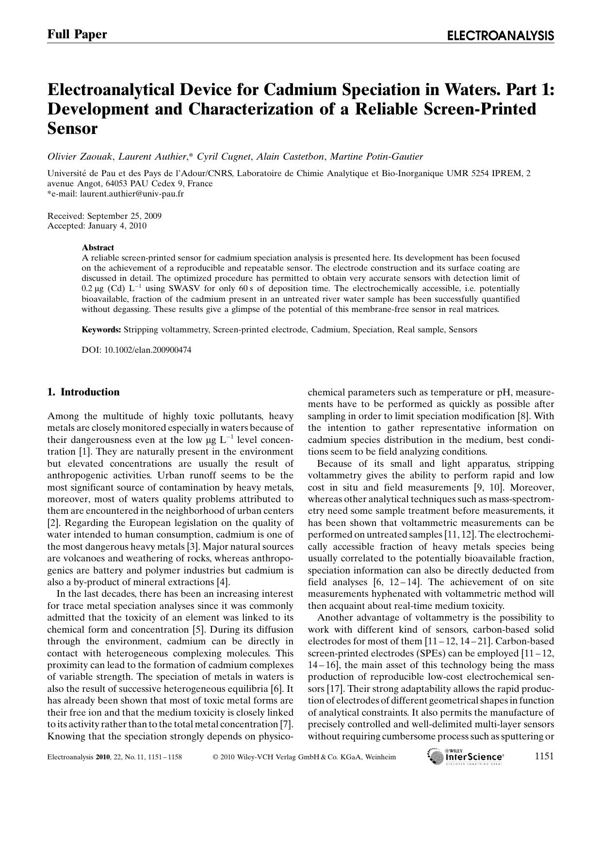 Electroanalytical Device for Cadmium Speciation in Waters. Part?1: Development and Characterization of a Reliable Screen?Printed Sensor by Unknown