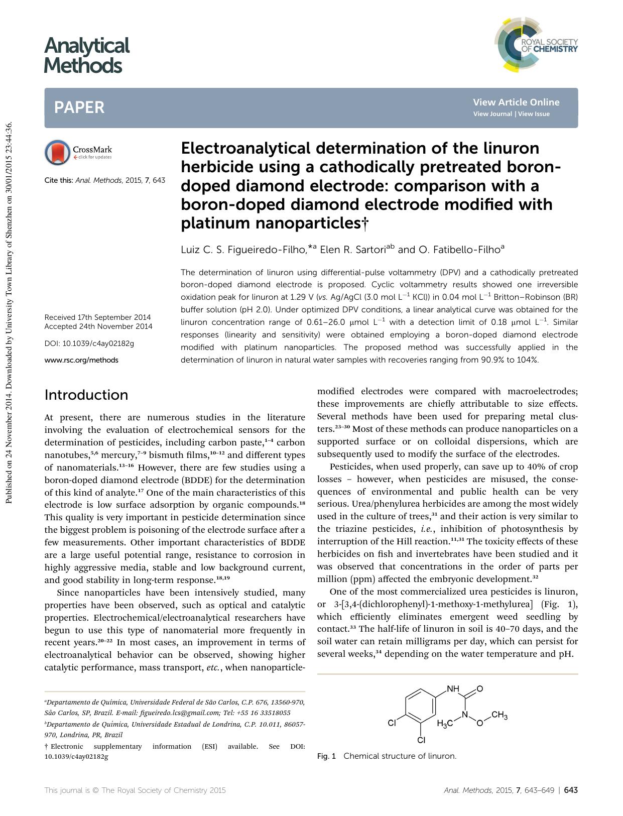 Electroanalytical determination of the linuron herbicide using a cathodically pretreated boron-doped diamond electrode: comparison with a boron-doped diamond electrode modified wit by Luiz C. S. Figueiredo-Filho & Elen R. Sartori & O. Fatibello-Filho