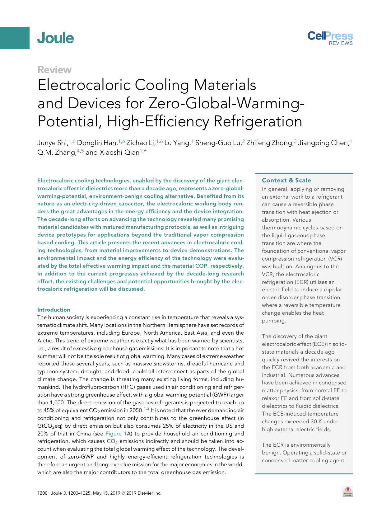 Electrocaloric Cooling Materials and Devices for Zero-Global-Warming-Potential, High-Efficiency Refrigeration by unknow
