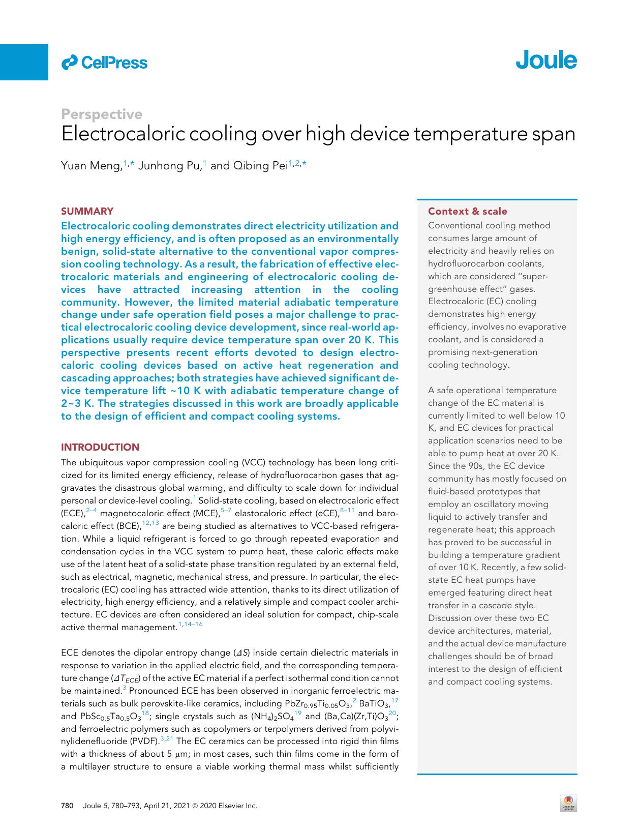 Electrocaloric cooling over high device temperature span by Yuan Meng & Junhong Pu & Qibing Pei