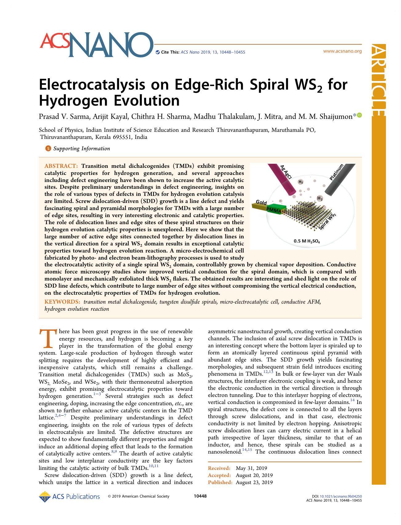 Electrocatalysis on Edge-Rich Spiral WS2 for Hydrogen Evolution by Prasad V. Sarma Arijit Kayal Chithra H. Sharma Madhu Thalakulam J. Mitra and M. M. Shaijumon