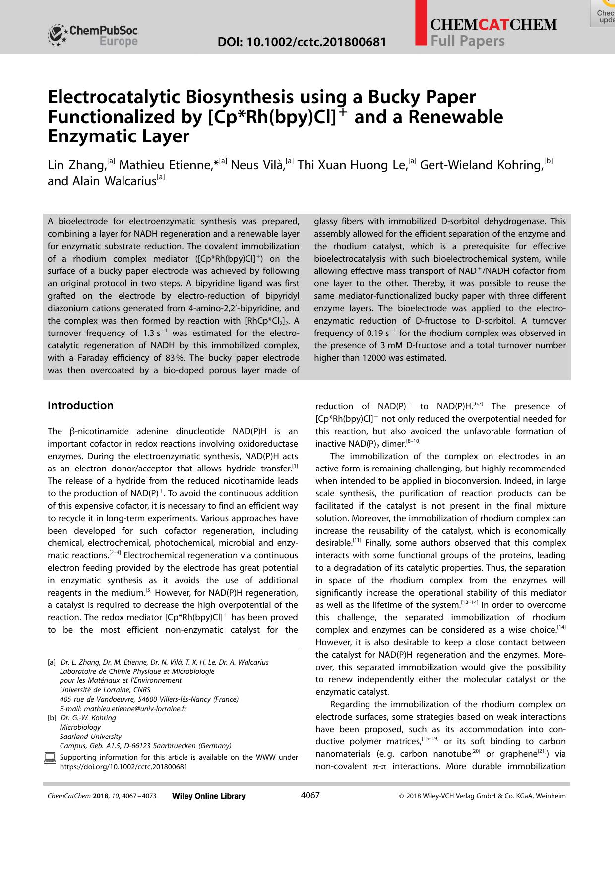 Electrocatalytic Biosynthesis using a Bucky Paper Functionalized by [Cp*Rh(bpy)Cl]+ and a Renewable Enzymatic Layer by Unknown