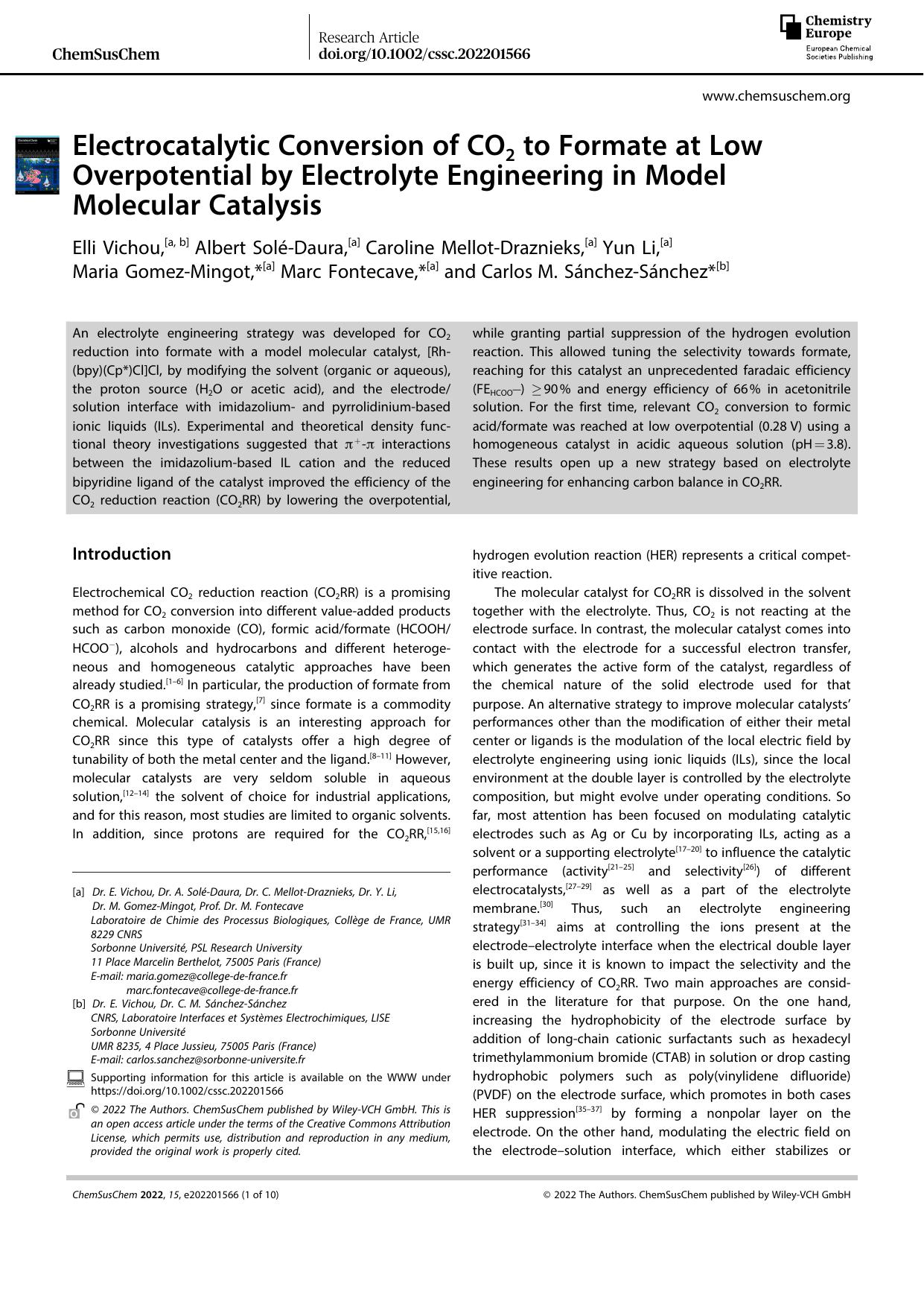 Electrocatalytic Conversion of CO2 to Formate at Low Overpotential by Electrolyte Engineering in Model Molecular Catalysis by Unknown