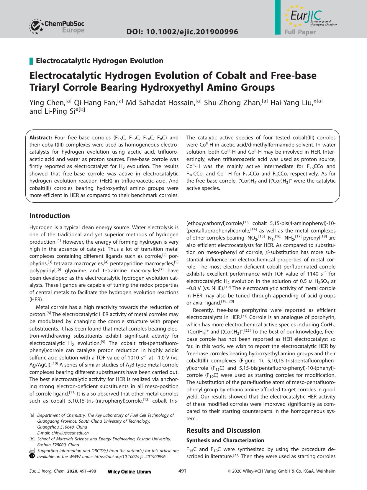 Electrocatalytic Hydrogen Evolution of Cobalt and Free&#x02010;base Triaryl Corrole Bearing Hydroxyethyl Amino Groups by Unknown
