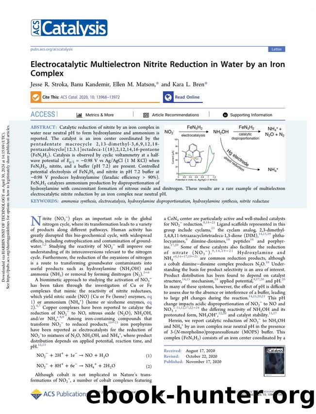 Electrocatalytic Multielectron Nitrite Reduction in Water by an Iron Complex by Jesse R. Stroka Banu Kandemir Ellen M. Matson & Kara L. Bren